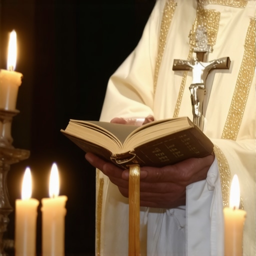 A Catholic priest holding a Roman Ritual book and crucifix during a spiritual session.