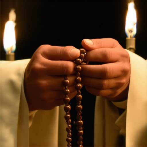 Close up of a priest holding a wooden rosary in a quiet church.