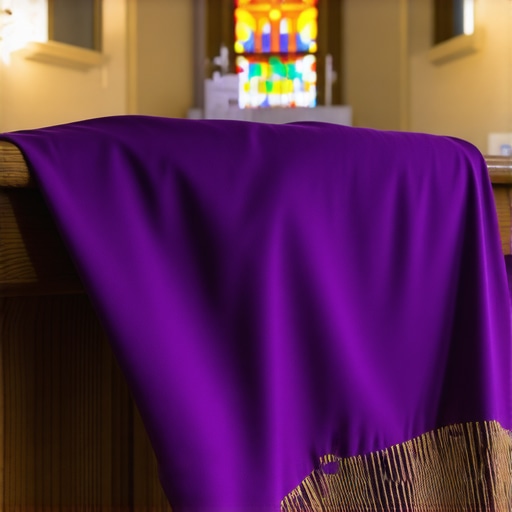 A purple priest stole on a wooden kneeler in a quiet Virginia chapel representing spiritual authority.