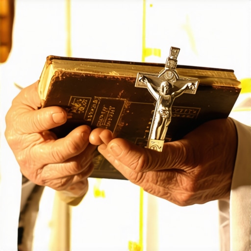 A Catholic priest holding the official Roman Ritual book and a crucifix for a deliverance session.