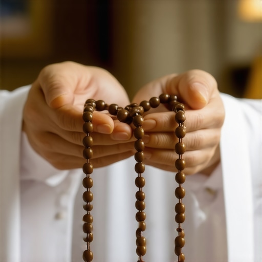 Close-up of wooden Rosary beads being prayed in a dimly lit historic room.