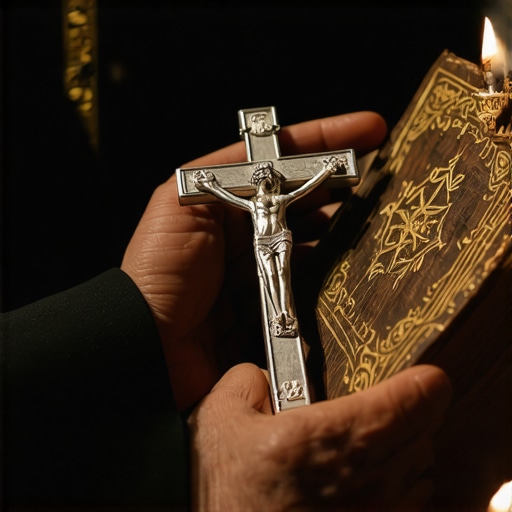 A priest holding a crucifix and a Catholic ritual book during a spiritual deliverance session in Virginia.