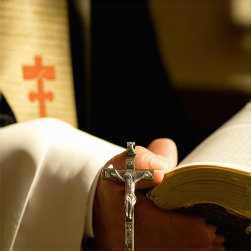A Catholic priest holding a crucifix and prayer book during a spiritual deliverance session in Virginia.