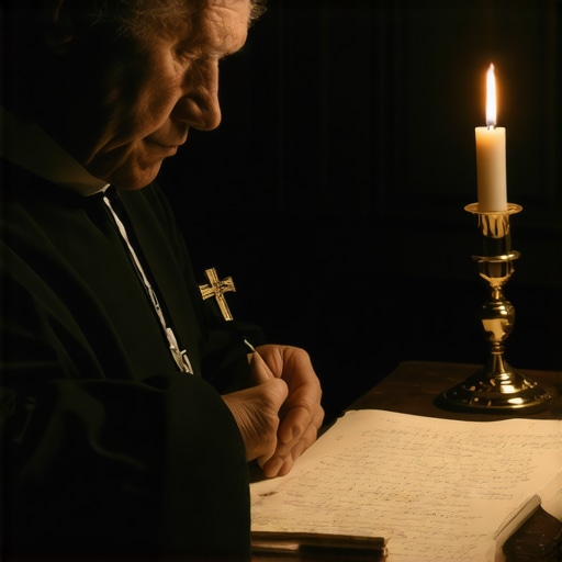 A Catholic priest reviewing documentation for a potential exorcism case in a DC office