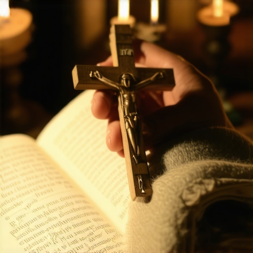 A wooden crucifix and prayer book in candlelight