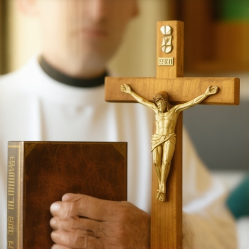 A priest holding a Roman Ritual book and a crucifix during a house blessing.