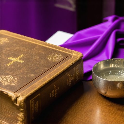A purple stole and official Roman Ritual book used by a Catholic priest for deliverance and spiritual warfare.