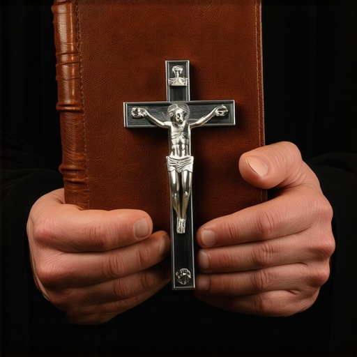 Official Catholic exorcism manual and crucifix held by a priest for spiritual deliverance.