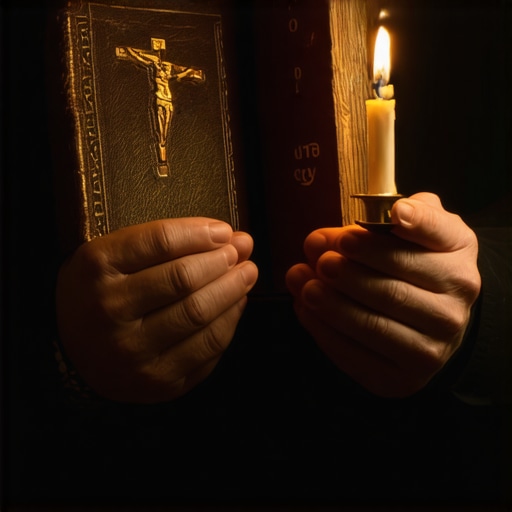 A Catholic priest holding the Roman Ritual and a crucifix for a deliverance prayer session.