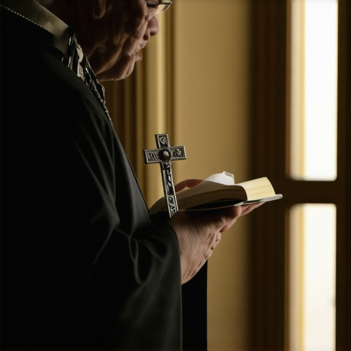 A priest holding a prayer book and crucifix for a catholic ritual exorcism virginia