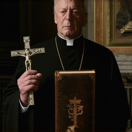 A Catholic priest prepared for a formal ritual exorcism in a historic setting.