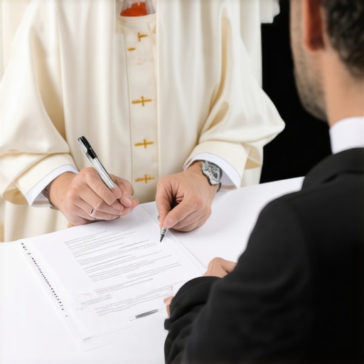 A priest and doctor reviewing documents for a spiritual investigation in Virginia.