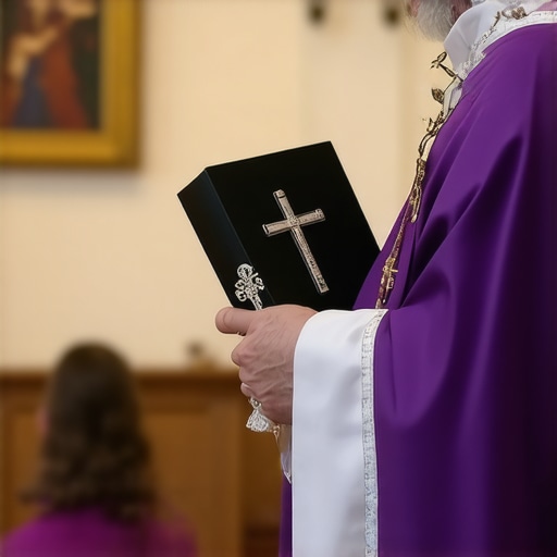 A Catholic priest performing a ritual of deliverance for an individual in prayer.