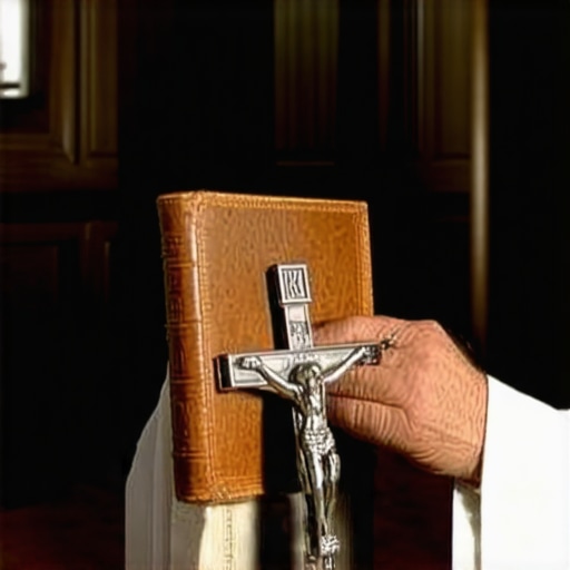 A priest holding a crucifix and prayer book for an exorcism rite in a historic home