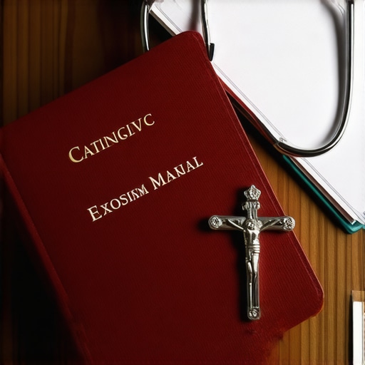 A Catholic exorcism manual and medical equipment on a desk symbolizing the discernment process.
