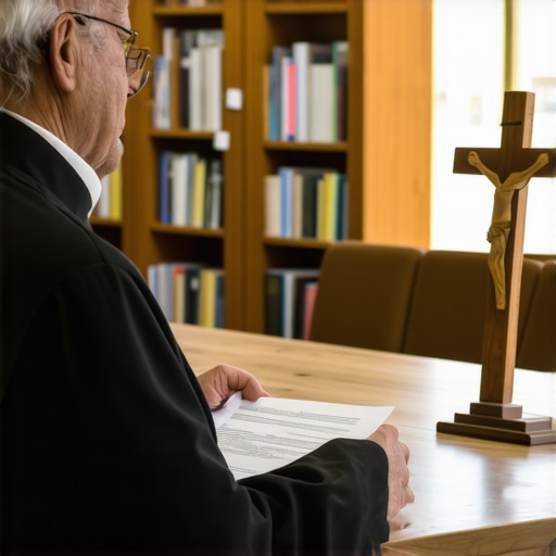 A priest reviewing documents during a spiritual evaluation process in Virginia