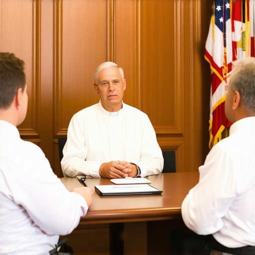 A priest and a person discussing spiritual deliverance in a professional setting
