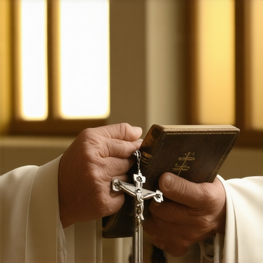 A priest holding a prayer book and crucifix for spiritual deliverance