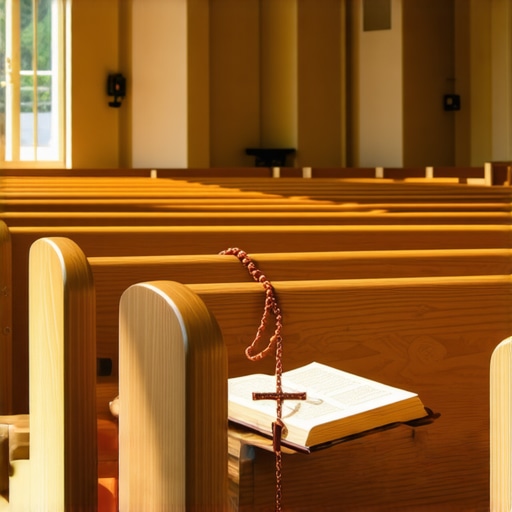 A peaceful prayer setting in a Virginia Catholic church with a rosary and prayer book.
