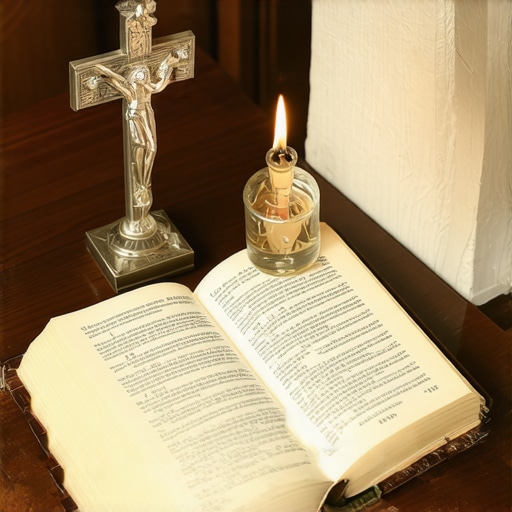 Close-up of the Roman Ritual book, a crucifix, and holy water on a desk.