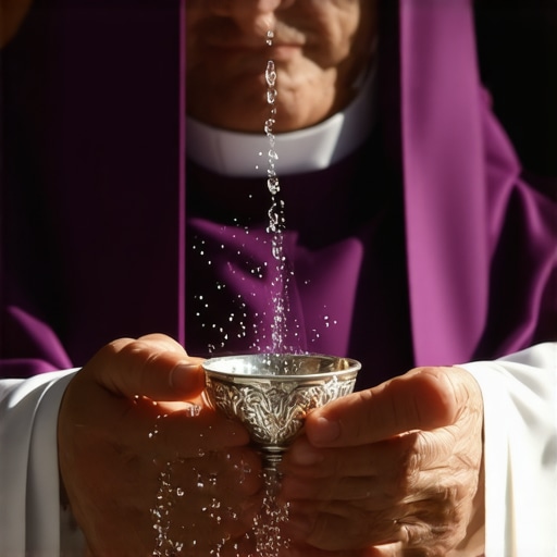 Close-up of a priest using an aspergillum for a house blessing.