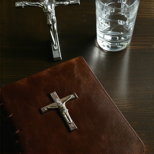 A notebook and crucifix on a table used for recording spiritual activity.