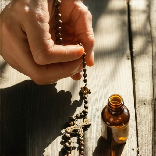 Catholic spiritual warfare tools including a rosary and holy water on a wooden table