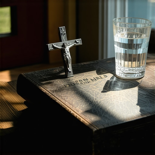A crucifix and a journal on a desk used for discerning a need for exorcism.