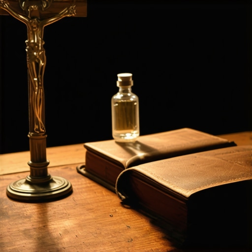 A journal, crucifix, and holy water on a desk representing the preparation for a Virginia exorcism.