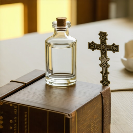 A leather journal, holy water, and a Benedictine cross for documenting spiritual activity.