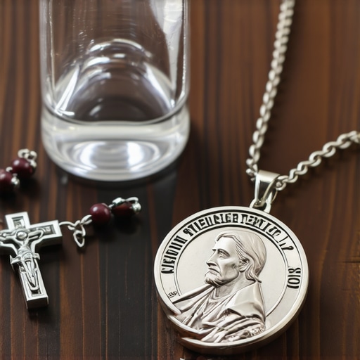 A St. Benedict Medal and holy water used for home spiritual protection.