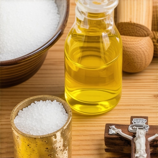 Exorcised salt, blessed oil, and a crucifix used for spiritual maintenance in DC and Virginia homes