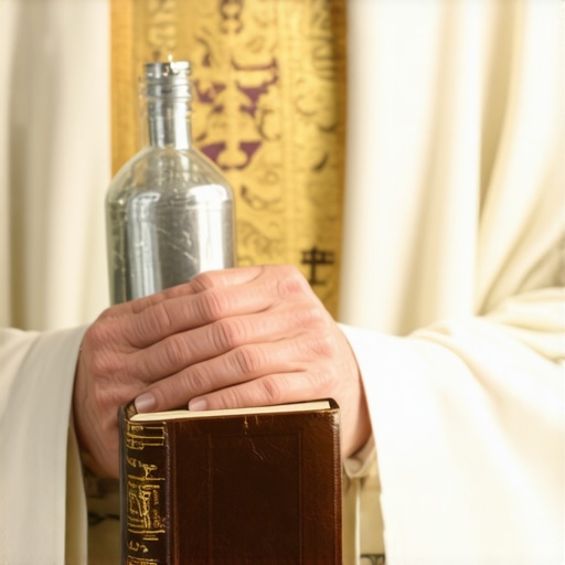 Close up of holy water and the Roman Ritual book used by a diocesan exorcist.
