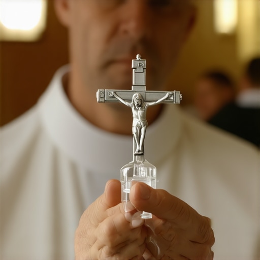 A crucifix and holy water used in Catholic deliverance ministry for spiritual protection.