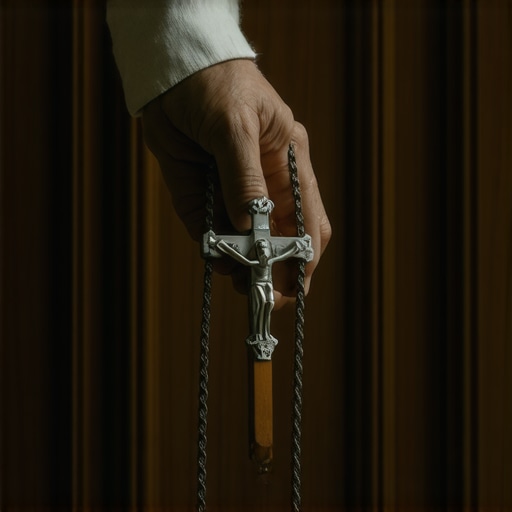 A crucifix and rosary held by a priest in a historic DC home to signify spiritual authority.