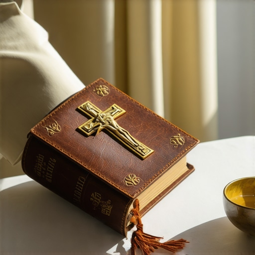 A Roman Ritual book and crucifix used by a diocesan exorcist for spiritual deliverance.