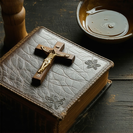 A leather-bound Roman Ritual book, a crucifix, and holy water on a desk used by a Catholic exorcist.