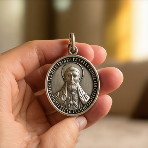 A silver Benedictine medal held in a sunlit home in Alexandria, VA.
