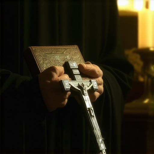 A Catholic priest preparing for a deliverance ritual with a crucifix and prayer book in a historic setting.