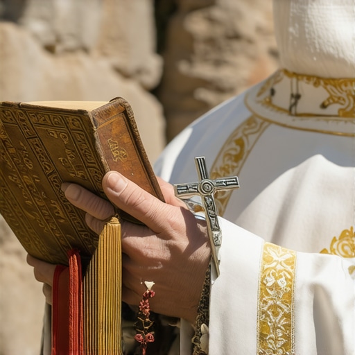 A priest holding a crucifix and Roman Ritual for spiritual deliverance in Alexandria.