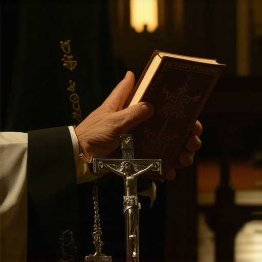 A Catholic priest preparing for a deliverance session with a crucifix and prayer book.
