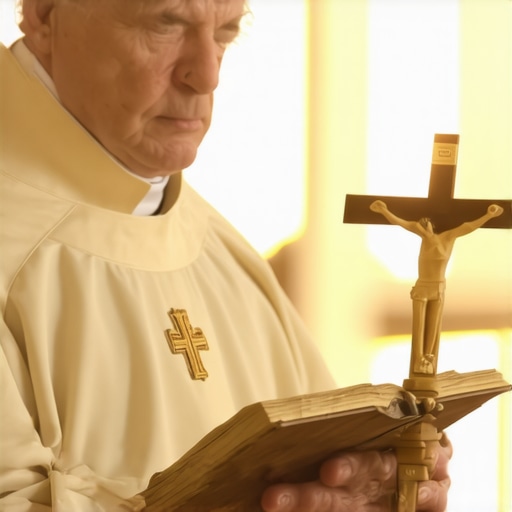 A Catholic priest's hands holding a crucifix and ritual book for spiritual warfare in Virginia.