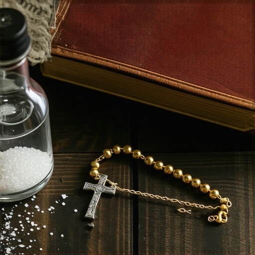 Blessed sacramentals including holy water and salt for spiritual protection.