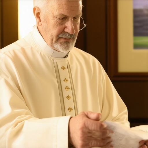 A priest and a person discussing spiritual and medical documentation in a parish office.