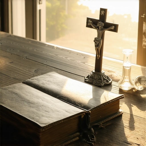 A spiritual log journal next to a crucifix and holy water bottle on a wooden table.